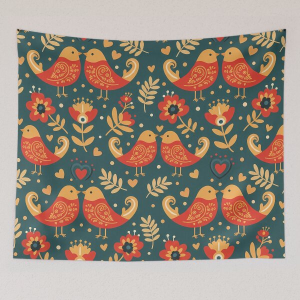 Item preview, Festive Colourful Love Birds in Folk Art Style – Seamless Scandinavian Pattern by heidiannemorris © designed and sold by FOLK ART FUSION by heidiannemorris.