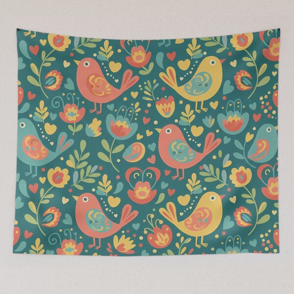 Item preview, Colourful Love Birds in Folk Art Style – Seamless Scandinavian Pattern by heidiannemorris © designed and sold by FOLK ART FUSION by heidiannemorris.