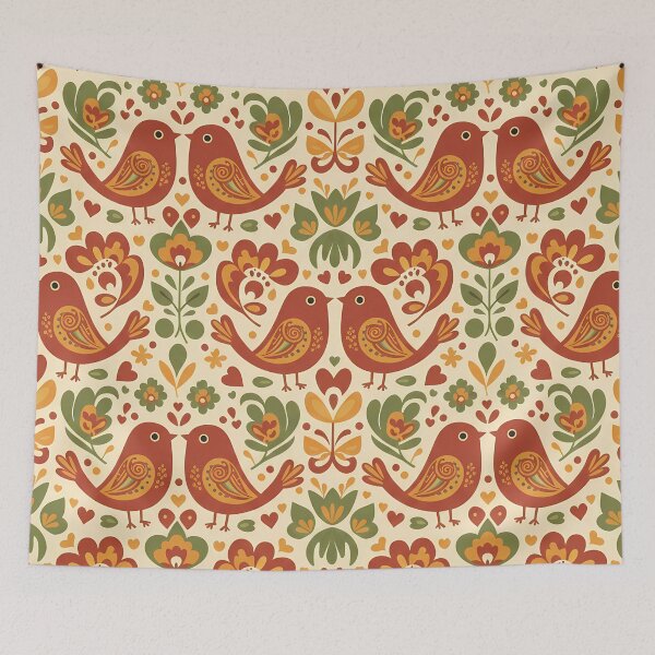 Item preview, Colourful Love Birds in Folk Art Style – Seamless Scandinavian Pattern by heidiannemorris © designed and sold by FOLK ART FUSION by heidiannemorris.