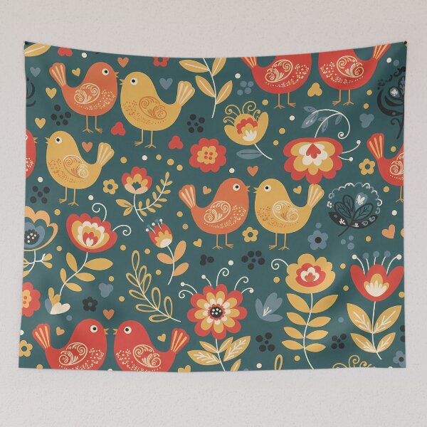 Item preview, Colourful Love Birds in Folk Art Style – Seamless Scandinavian Pattern by heidiannemorris © designed and sold by FOLK ART FUSION by heidiannemorris.