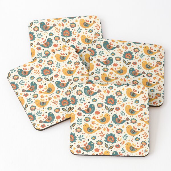 Item preview, Cute Colourful Love Birds in Folk Art Style – Seamless Scandinavian Pattern by heidiannemorris © designed and sold by FOLK ART FUSION by heidiannemorris.