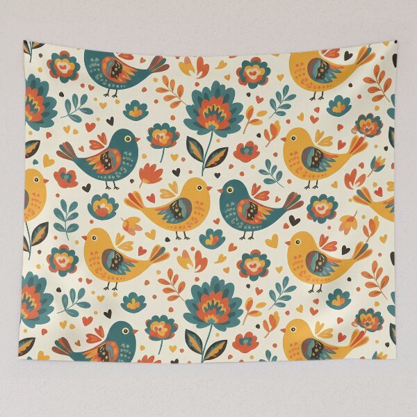 Item preview, Cute Colourful Love Birds in Folk Art Style – Seamless Scandinavian Pattern by heidiannemorris © designed and sold by FOLK ART FUSION by heidiannemorris.