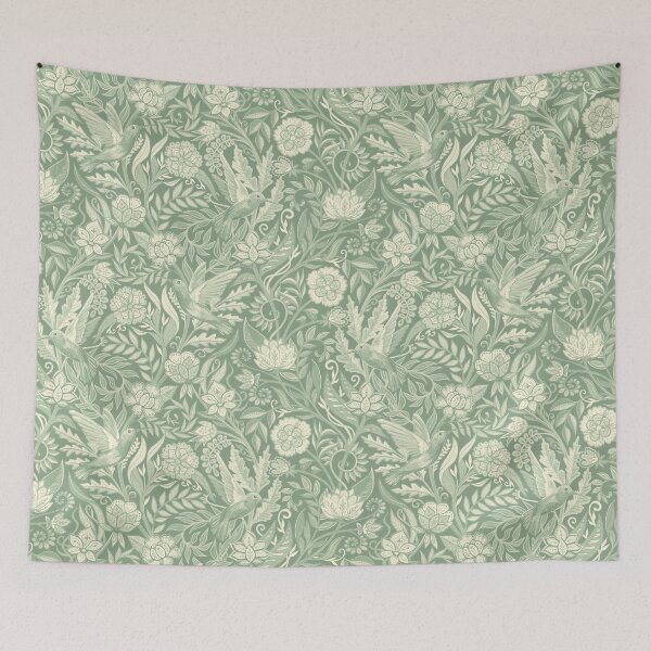 Item preview, Hummingbird Chintz in Monochrome Sage Green and Cream designed and sold by micklyn.