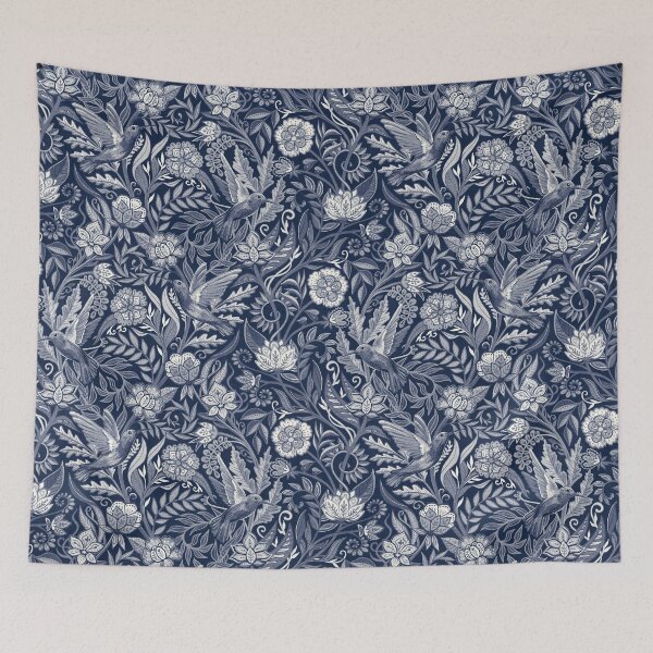 Item preview, Hummingbird Chintz in Monochrome Navy Blue and White designed and sold by micklyn.