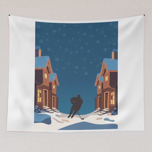 Item preview, Winter Hockey Illustration – Snow Village Night Scene designed and sold by CozyPrint-CP.