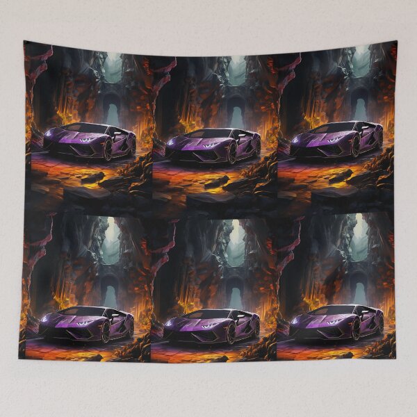 Item preview, Purple Supercar Parked In Volcanic Cave With Glowing Lava Walls designed and sold by RevUpDesign.