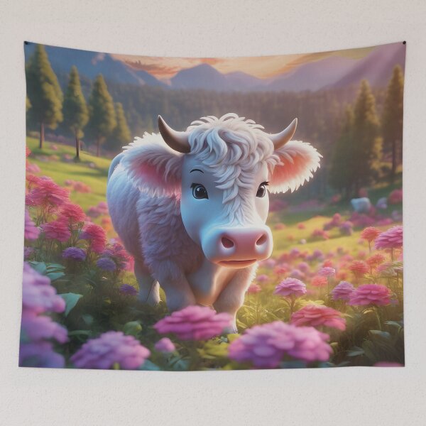 Item preview, A fluffy white cow on a colorful flower meadow – a natural idyll. designed and sold by Mauswohn.