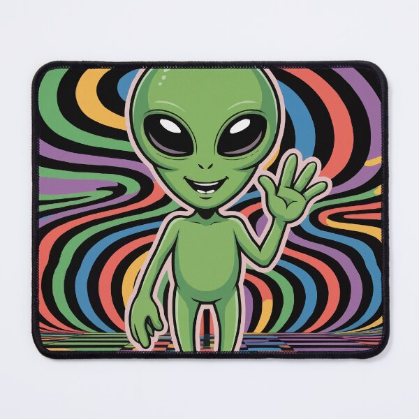 Item preview, Cute Alien Waving in Psychedelic Trippy Background designed and sold by popcorntot.