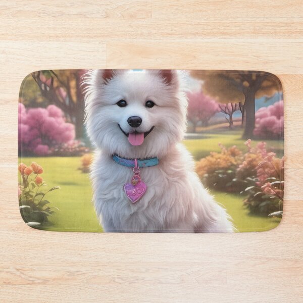 Item preview, Fluffy white dog in a pink spring garden designed and sold by Mauswohn.