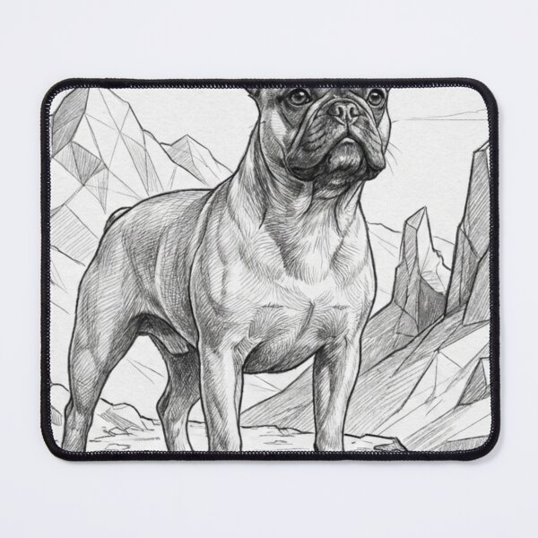 Aperçu de l'œuvre Croquis au crayon d'un bouledogue français en pleine aventure en montagne (noir et blanc) créée et vendue par ToonFusionS.