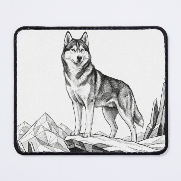 Artikelvorschau, Sibirischer Husky auf zugefrorenem See – Bleistiftskizze (Minimalistisches Schwarz-Weiß) entworfen und verkauft von ToonFusionS.