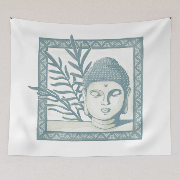 Item preview, Buddha Head Statue with Palm Fronds Watercolor - Peacock + Tea designed and sold by Irene Estelle.