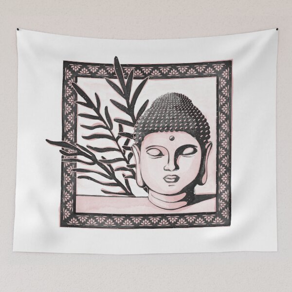 Item preview, Buddha Head Statue with Palm Fronds Watercolor - Coal + Rose designed and sold by Irene Estelle.