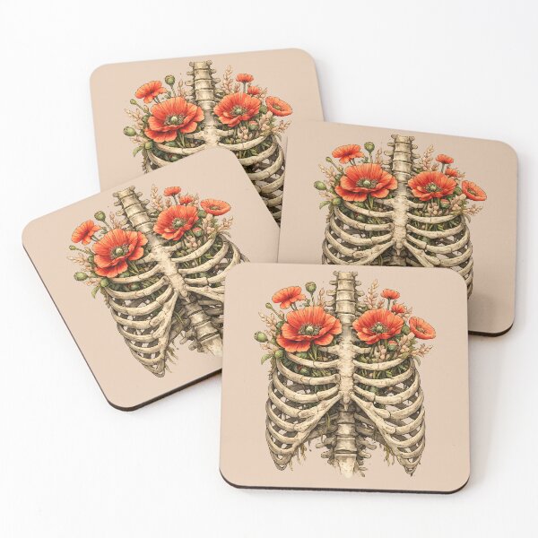 Item preview, Bones and Botany, Anatomy Art, ribcage full of red poppies and leaves, thoracicy, leaves anatomy Ribcage, rib cage, pelvis, anatomy skeleton designed and sold by Collagedream.