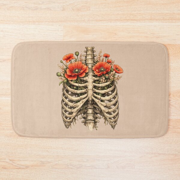 Item preview, Bones and Botany, Anatomy Art, ribcage full of red poppies and leaves, thoracicy, leaves anatomy Ribcage, rib cage, pelvis, anatomy skeleton designed and sold by Collagedream.