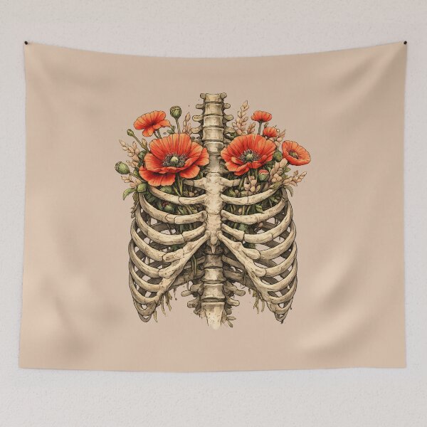Item preview, Bones and Botany, Anatomy Art, ribcage full of red poppies and leaves, thoracicy, leaves anatomy Ribcage, rib cage, pelvis, anatomy skeleton designed and sold by Collagedream.