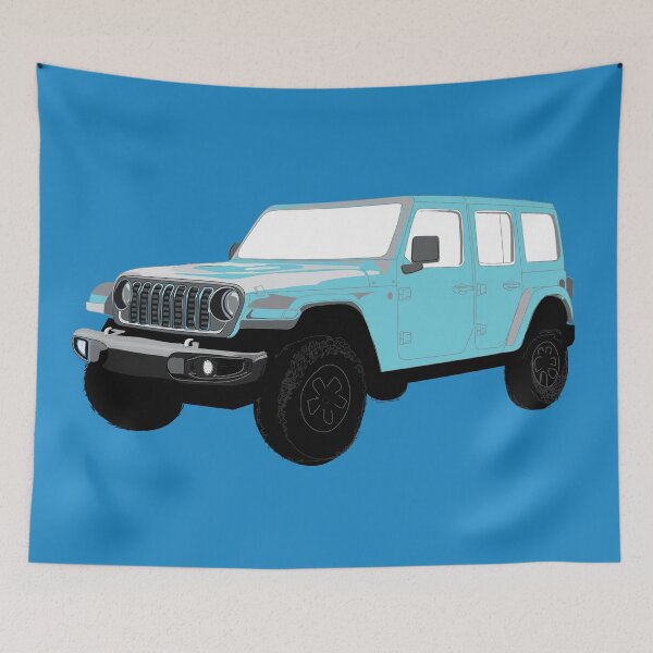 Item preview, Stylized Digital Illustration of a Light Baby Blue Four-Door Off-Road Utility Vehicle with classic Seven-Slot Grille Raised Suspension and All-Terrain Tires designed and sold by laughingwillows.