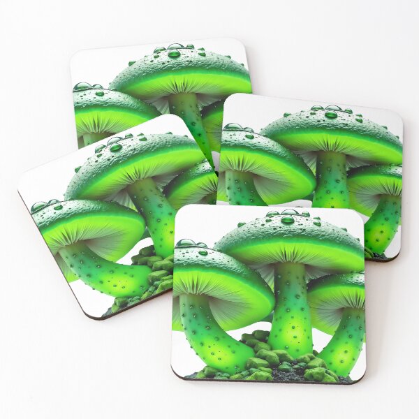 Item preview, Vibrant green mushrooms with dew drops on caps growing from rocks designed and sold by Creative88Art.