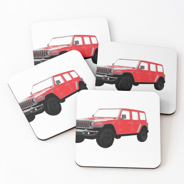 Item preview, Stylized Digital Illustration of a Red Four-Door Off-Road Utility Vehicle with classic Seven-Slot Grille Raised Suspension and All-Terrain Tires designed and sold by laughingwillows.