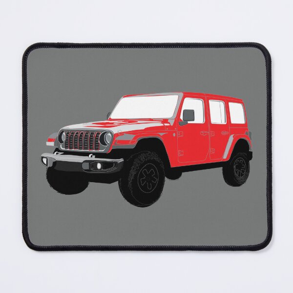 Item preview, Stylized Digital Illustration of a Red Four-Door Off-Road Utility Vehicle with classic Seven-Slot Grille Raised Suspension and All-Terrain Tires designed and sold by laughingwillows.
