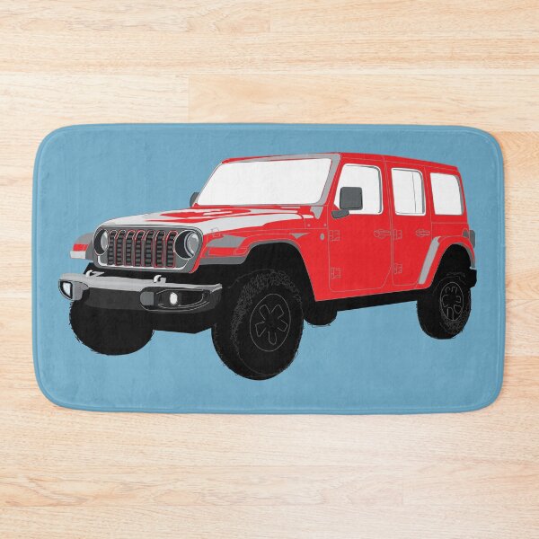 Item preview, Stylized Digital Illustration of a Red Four-Door Off-Road Utility Vehicle with classic Seven-Slot Grille Raised Suspension and All-Terrain Tires designed and sold by laughingwillows.