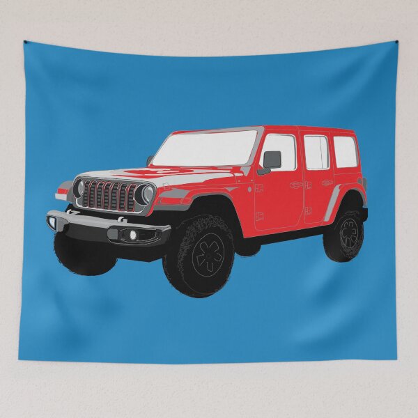 Item preview, Stylized Digital Illustration of a Red Four-Door Off-Road Utility Vehicle with classic Seven-Slot Grille Raised Suspension and All-Terrain Tires designed and sold by laughingwillows.
