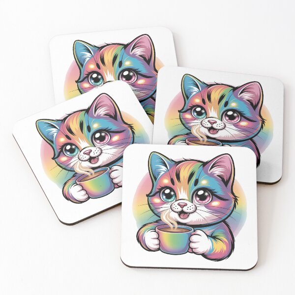 Item preview, Vibrant Rainbow Coffee Cat – Cute Kawaii Colorful Coaster Set designed and sold by RBToper.