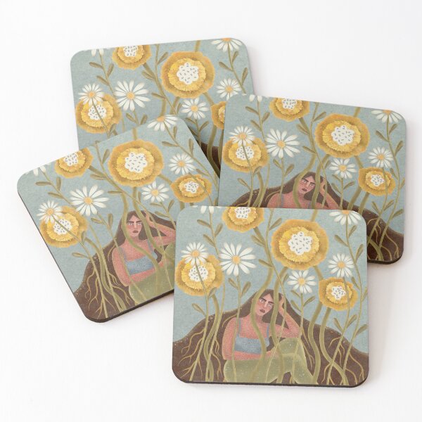 Item preview, A pensive young woman among yellow flowers awaiting growth. Hand-drawn illustration. designed and sold by Grin Katalina Floral Patterns & Cozy Art.