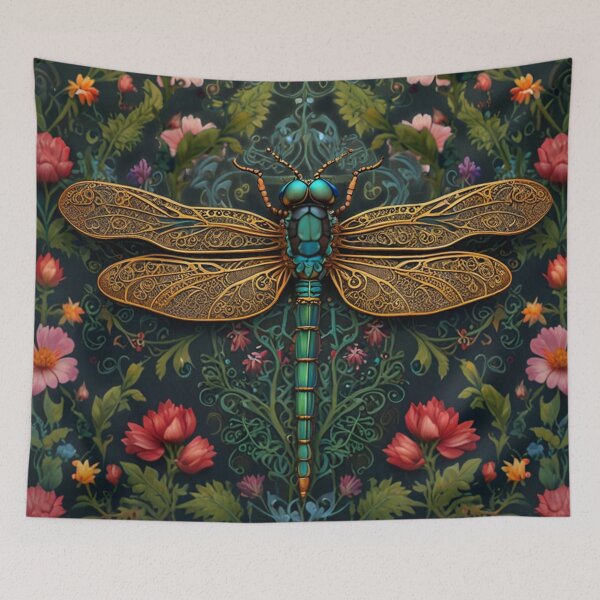 Item preview, Vintage dragonfly pink red floral botanical   designed and sold by hollycooper.