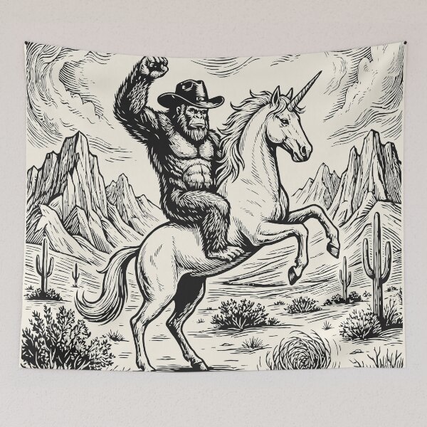 Item preview, Cowboy Bigfoot Riding Unicorn Western Cryptid  designed and sold by Y-Vibes.