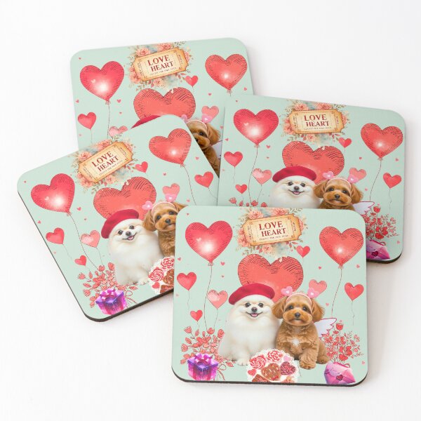 Item preview, Cute Pomeranian & Poodle Puppy Valentine's Day Art | Red Beret & Sketch Hearts designed and sold by E-SarnEdge.