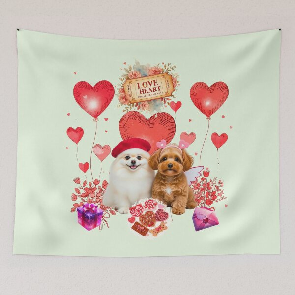 Item preview, Cute Pomeranian & Poodle Puppy Valentine's Day Art | Red Beret & Sketch Hearts designed and sold by E-SarnEdge.