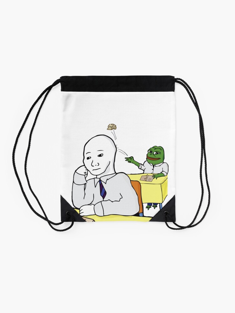 Alternate view of Pepe The Frog throwing paper ball in school at a bored annoyed wojak normie trying to study Funny Rare Pepe PepeTheFrog HD HIGH QUALITY ONLINE STORE Drawstring Bag