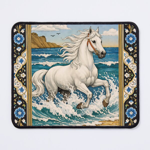 Item preview, White Stallion in Waves - Classical Ottoman Miniature Art with Ornate Border designed and sold by Art Lea.