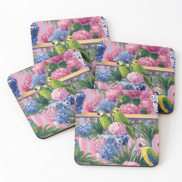 Item preview, Preppy green parrots among hydrangeas, palmetto and ginger jar sitting in pink and blue stripy cabana designed and sold by SophieClimaArt.