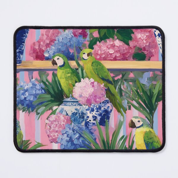 Item preview, Preppy green parrots among hydrangeas, palmetto and ginger jar sitting in pink and blue stripy cabana designed and sold by SophieClimaArt.