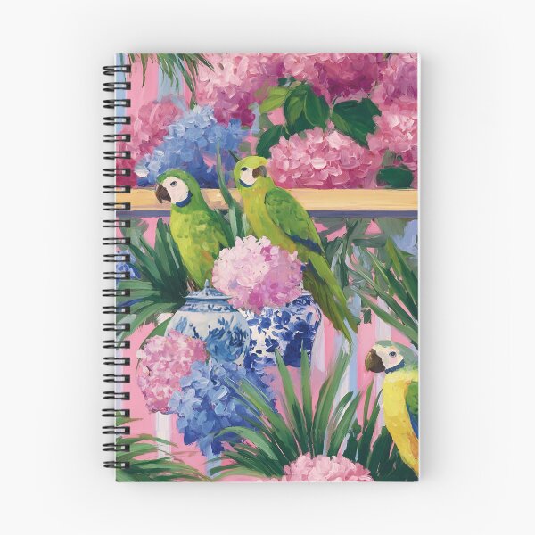 Item preview, Preppy green parrots among hydrangeas, palmetto and ginger jar sitting in pink and blue stripy cabana designed and sold by SophieClimaArt.