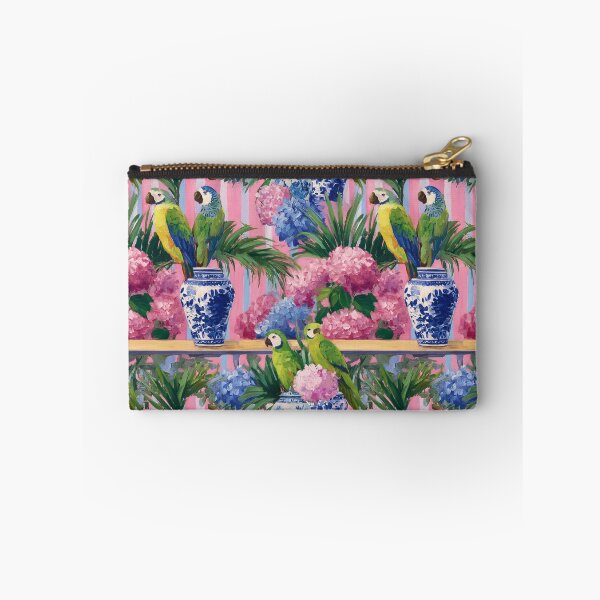 Item preview, Preppy green parrots among hydrangeas, palmetto and ginger jar sitting in pink and blue stripy cabana designed and sold by SophieClimaArt.