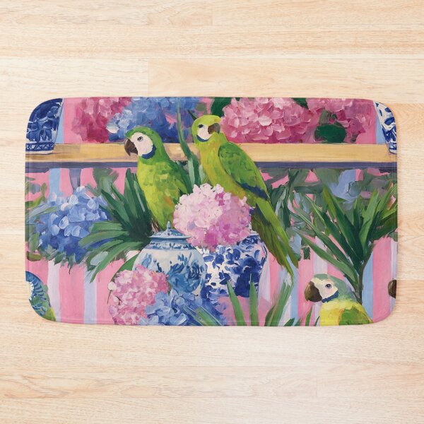 Item preview, Preppy green parrots among hydrangeas, palmetto and ginger jar sitting in pink and blue stripy cabana designed and sold by SophieClimaArt.