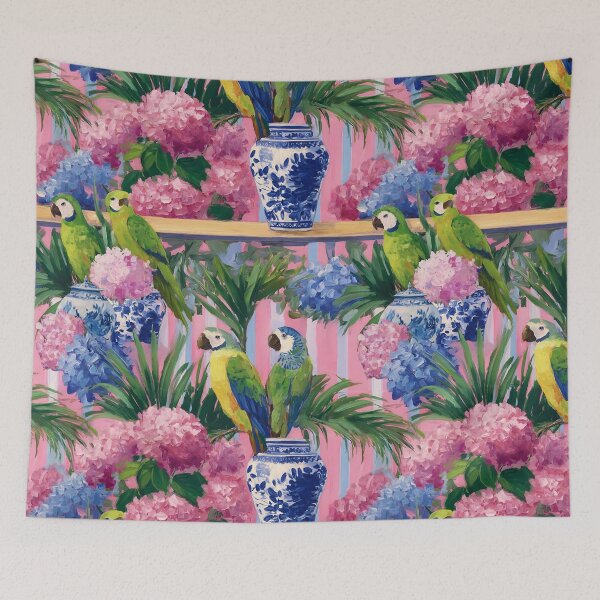 Item preview, Preppy green parrots among hydrangeas, palmetto and ginger jar sitting in pink and blue stripy cabana designed and sold by SophieClimaArt.