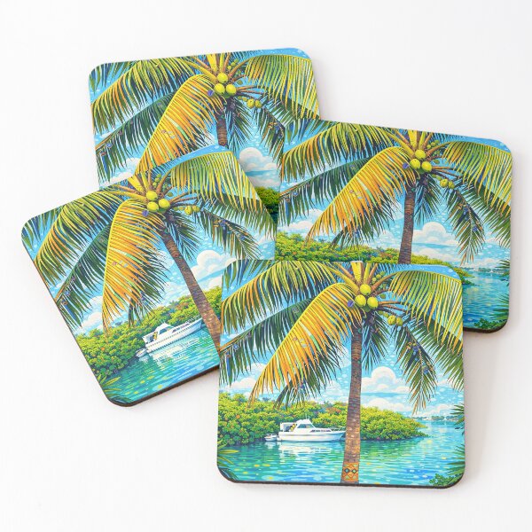 Item preview, Paradise Found. Yatch in ocean bay with coconut palm tree designed and sold by Sunny Creations.