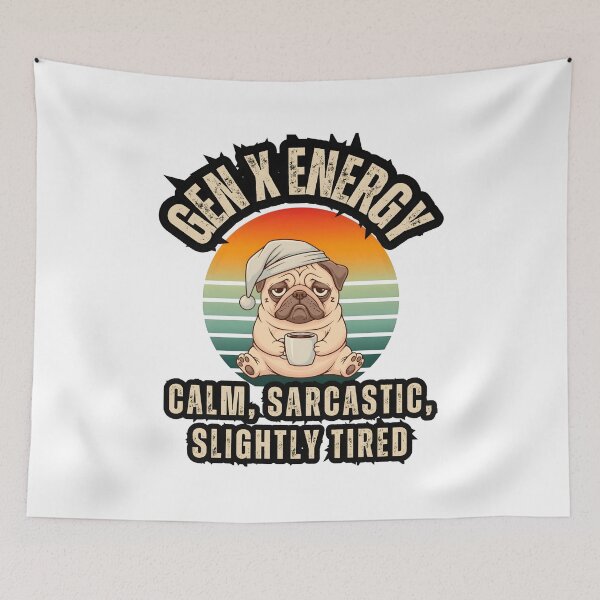 Item preview, Funny Gen X Energy Graphic: Tired Pug with Coffee Retro Sunset Design designed and sold by VibranPalette.