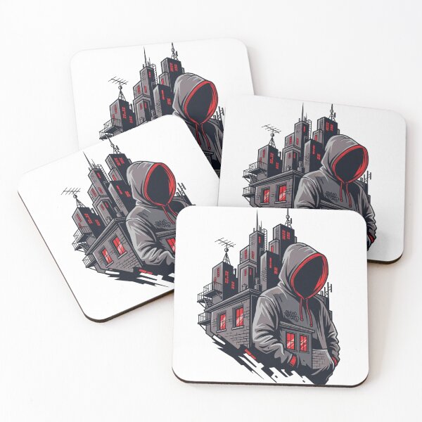 Item preview, An illustration of a mysterious figure with a hood over their face, standing in front of a dilapidated urban landscape. designed and sold by VerizalShop.