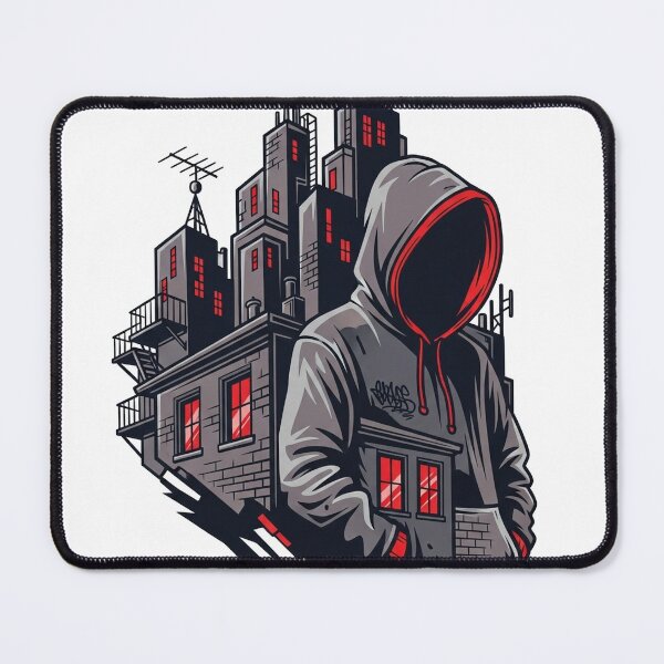 Item preview, An illustration of a mysterious figure with a hood over their face, standing in front of a dilapidated urban landscape. designed and sold by VerizalShop.