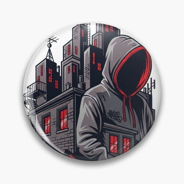 Item preview, An illustration of a mysterious figure with a hood over their face, standing in front of a dilapidated urban landscape. designed and sold by VerizalShop.