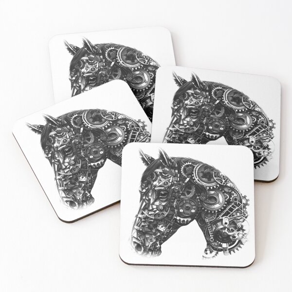 Item preview, Mechanical Horse Head – Black and White Steampunk Gear Art designed and sold by inkoutninja.
