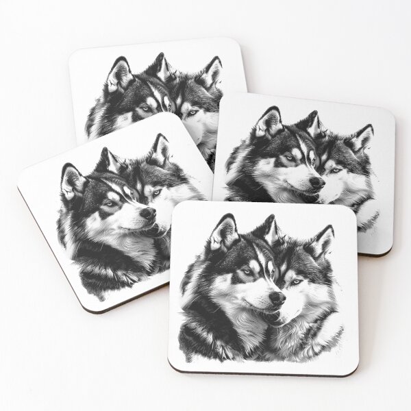 Item preview, Husky Pair Portrait – Black and White Loyal Companions Dog Art designed and sold by inkoutninja.