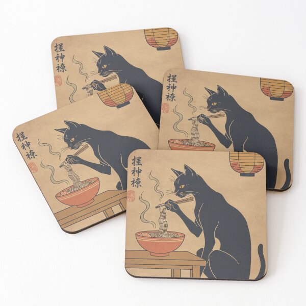 Item preview, Aesthetic Japanese Cat Eating Ramen - Vintage Ukiyo-e Style Neko Poster designed and sold by Mangartist07.