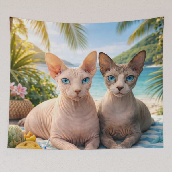 Item preview, Two Cats Relaxing on Tropical Beach – Peaceful Coastal Fantasy Art Illustration designed and sold by TroyTheTerrific.