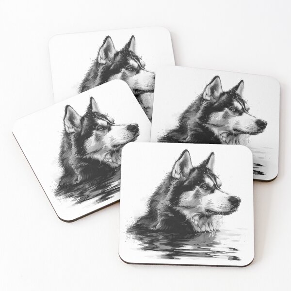 Item preview, Husky in Water – Black and White Wilderness Dog Illustration designed and sold by inkoutninja.